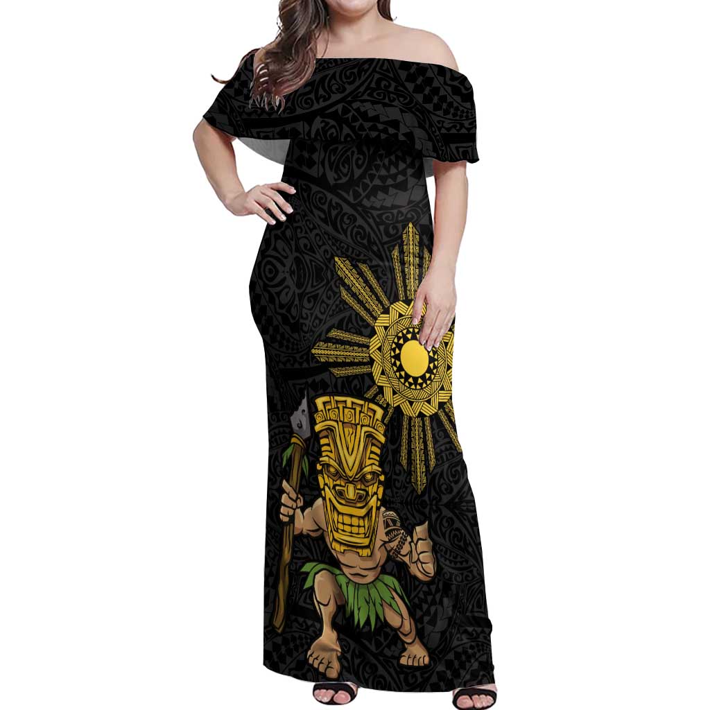 Hawaii and Philippines Together Off Shoulder Maxi Dress Warrior Tiki Mask and Filipino Sun Polynesian Style LT03 Women Black - Polynesian Pride
