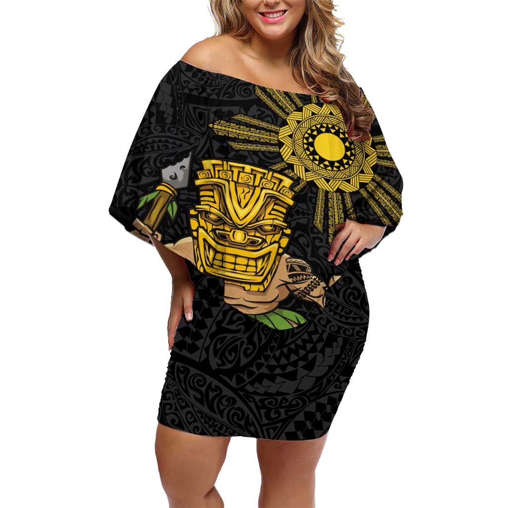 Hawaii and Philippines Together Off Shoulder Short Dress Warrior Tiki Mask and Filipino Sun Polynesian Style LT03 Women Black - Polynesian Pride