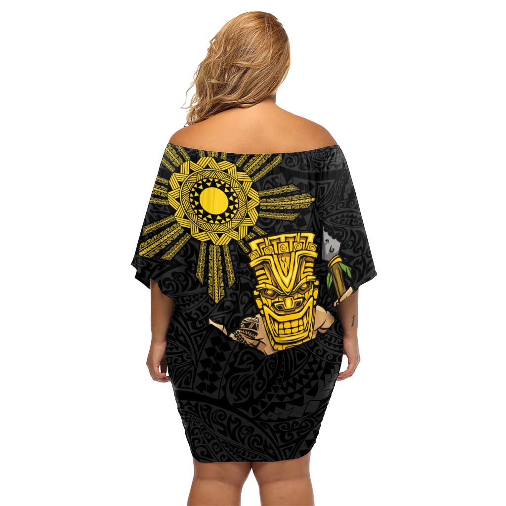 Hawaii and Philippines Together Off Shoulder Short Dress Warrior Tiki Mask and Filipino Sun Polynesian Style LT03 - Polynesian Pride
