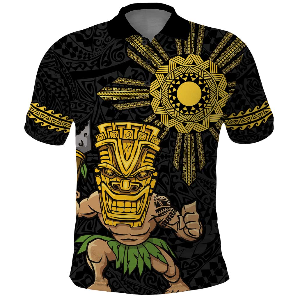 Hawaii and Philippines Together Polo Shirt Warrior Tiki Mask and Filipino Sun Polynesian Style LT03 Black - Polynesian Pride