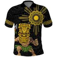 Hawaii and Philippines Together Polo Shirt Warrior Tiki Mask and Filipino Sun Polynesian Style LT03 Black - Polynesian Pride
