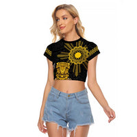 Hawaii and Philippines Together Raglan Cropped T Shirt Warrior Tiki Mask and Filipino Sun Polynesian Style LT03 Female Black - Polynesian Pride
