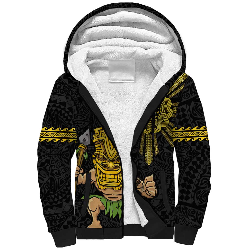 Hawaii and Philippines Together Sherpa Hoodie Warrior Tiki Mask and Filipino Sun Polynesian Style LT03 Unisex Black - Polynesian Pride
