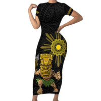 Hawaii and Philippines Together Short Sleeve Bodycon Dress Warrior Tiki Mask and Filipino Sun Polynesian Style LT03 Long Dress Black - Polynesian Pride