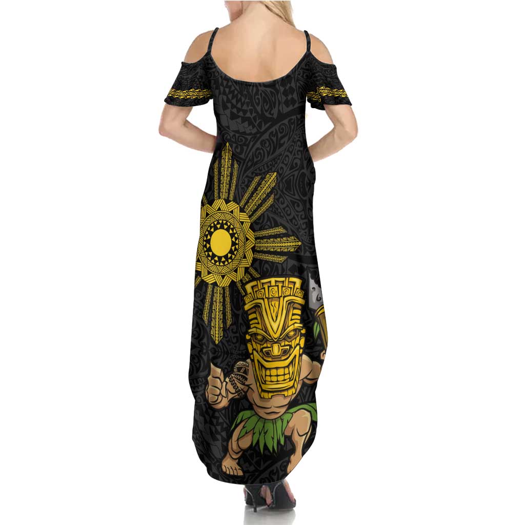 Hawaii and Philippines Together Summer Maxi Dress Warrior Tiki Mask and Filipino Sun Polynesian Style LT03 - Polynesian Pride