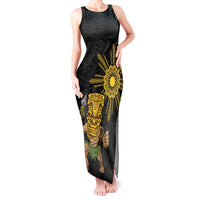 Hawaii and Philippines Together Tank Maxi Dress Warrior Tiki Mask and Filipino Sun Polynesian Style LT03 Women Black - Polynesian Pride