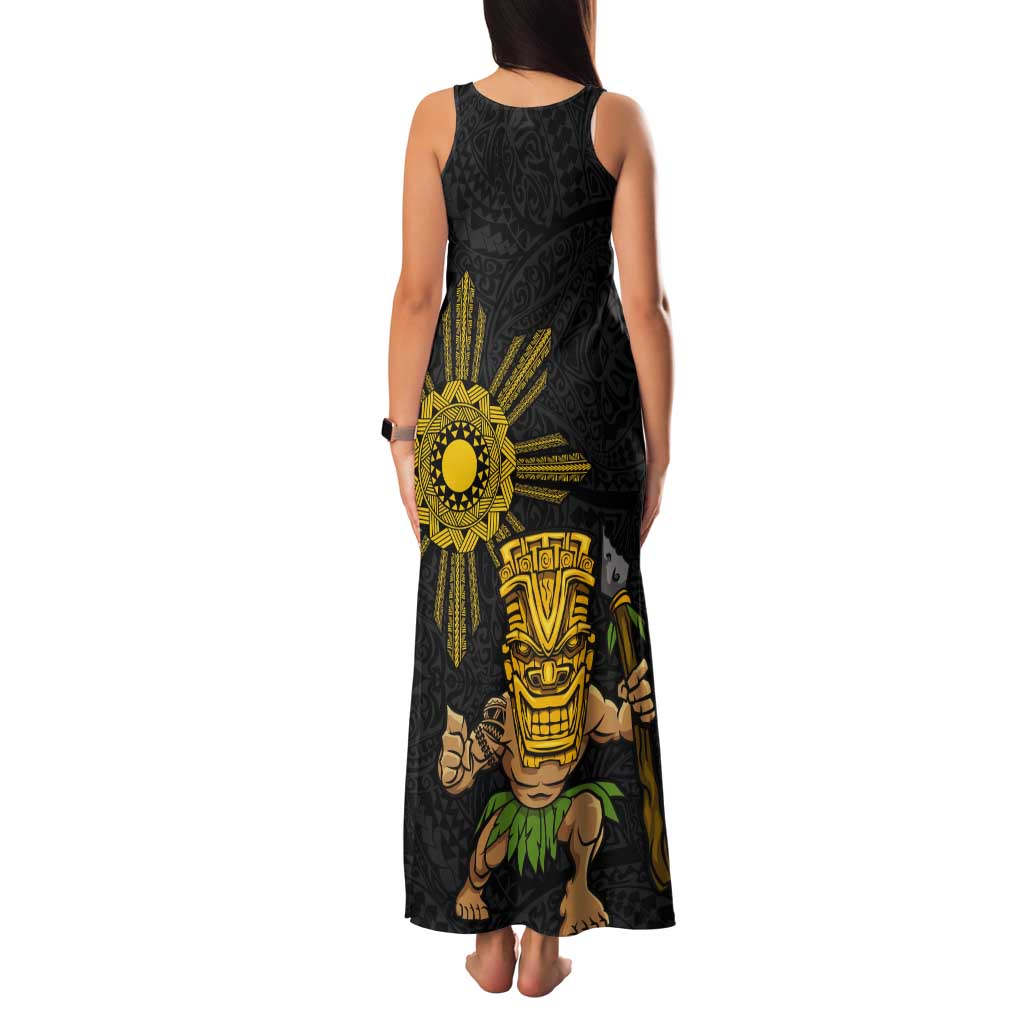 Hawaii and Philippines Together Tank Maxi Dress Warrior Tiki Mask and Filipino Sun Polynesian Style LT03 - Polynesian Pride