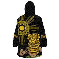 Hawaii and Philippines Together Wearable Blanket Hoodie Warrior Tiki Mask and Filipino Sun Polynesian Style LT03 - Polynesian Pride