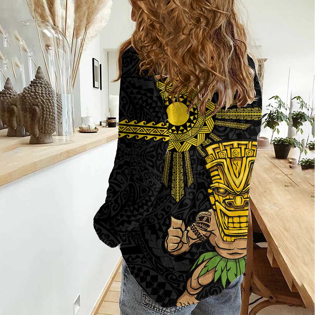 Hawaii and Philippines Together Women Casual Shirt Warrior Tiki Mask and Filipino Sun Polynesian Style LT03 - Polynesian Pride