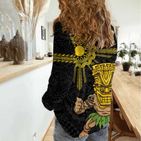 Hawaii and Philippines Together Women Casual Shirt Warrior Tiki Mask and Filipino Sun Polynesian Style LT03 - Polynesian Pride