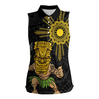 Hawaii and Philippines Together Women Sleeveless Polo Shirt Warrior Tiki Mask and Filipino Sun Polynesian Style LT03 Female Black - Polynesian Pride