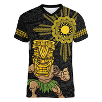 Hawaii and Philippines Together Women V-Neck T-Shirt Warrior Tiki Mask and Filipino Sun Polynesian Style LT03 Female Black - Polynesian Pride