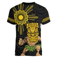 Hawaii and Philippines Together Women V-Neck T-Shirt Warrior Tiki Mask and Filipino Sun Polynesian Style LT03 - Polynesian Pride