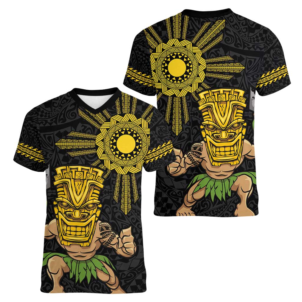 Hawaii and Philippines Together Women V-Neck T-Shirt Warrior Tiki Mask and Filipino Sun Polynesian Style LT03 - Polynesian Pride