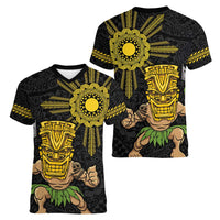 Hawaii and Philippines Together Women V-Neck T-Shirt Warrior Tiki Mask and Filipino Sun Polynesian Style LT03 - Polynesian Pride