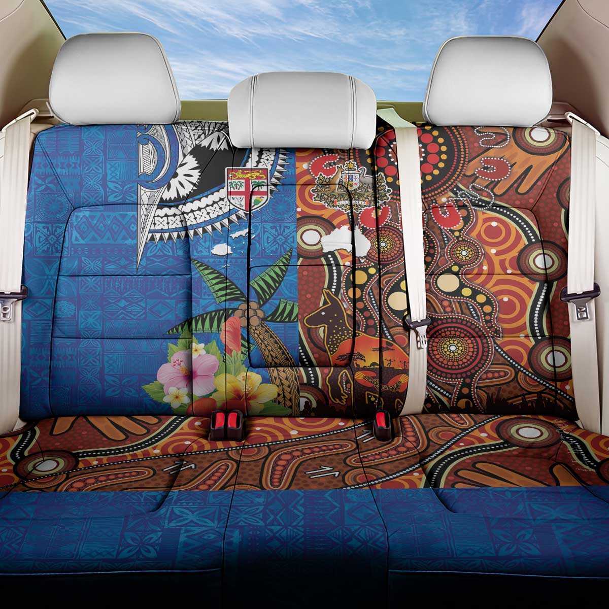 Fiji and Australia Together Back Car Seat Cover Fijian Tapa Plants with Kangaroo and Aboriginal LT03 One Size Black - Polynesian Pride