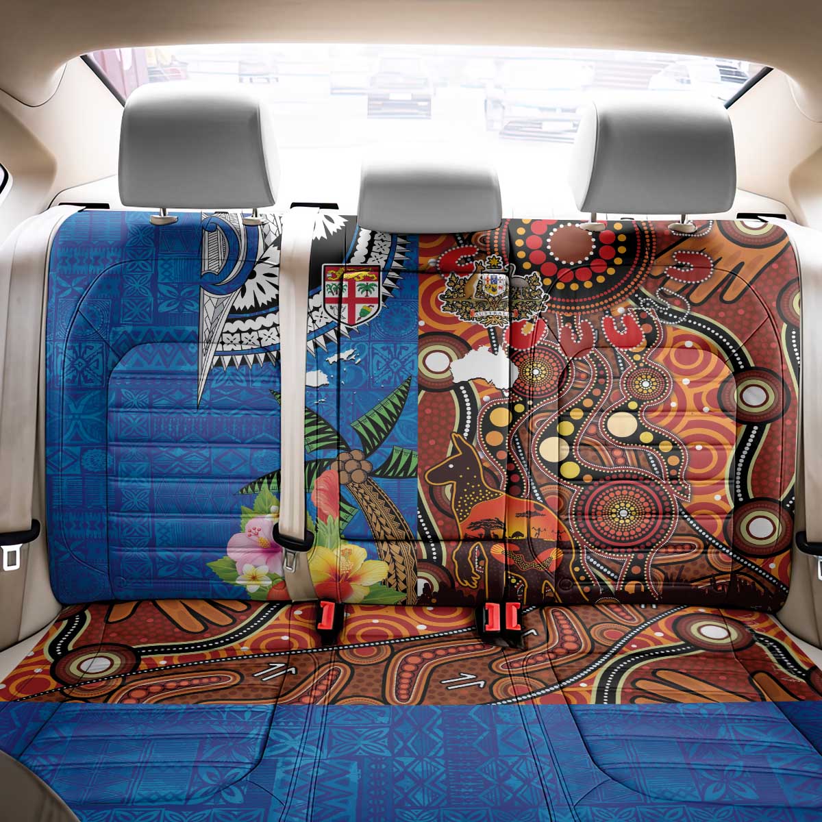 Fiji and Australia Together Back Car Seat Cover Fijian Tapa Plants with Kangaroo and Aboriginal LT03 - Polynesian Pride
