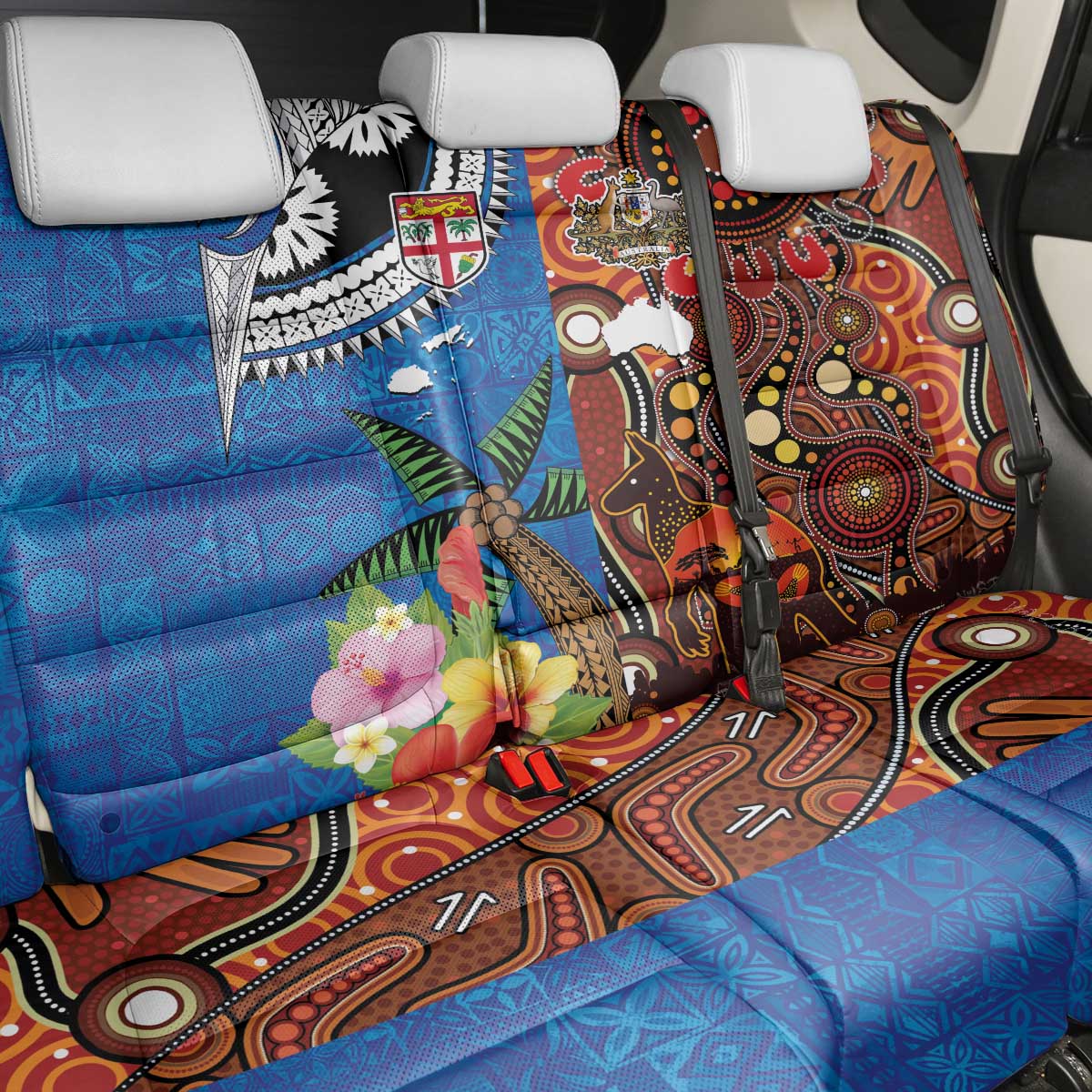 Fiji and Australia Together Back Car Seat Cover Fijian Tapa Plants with Kangaroo and Aboriginal LT03 - Polynesian Pride