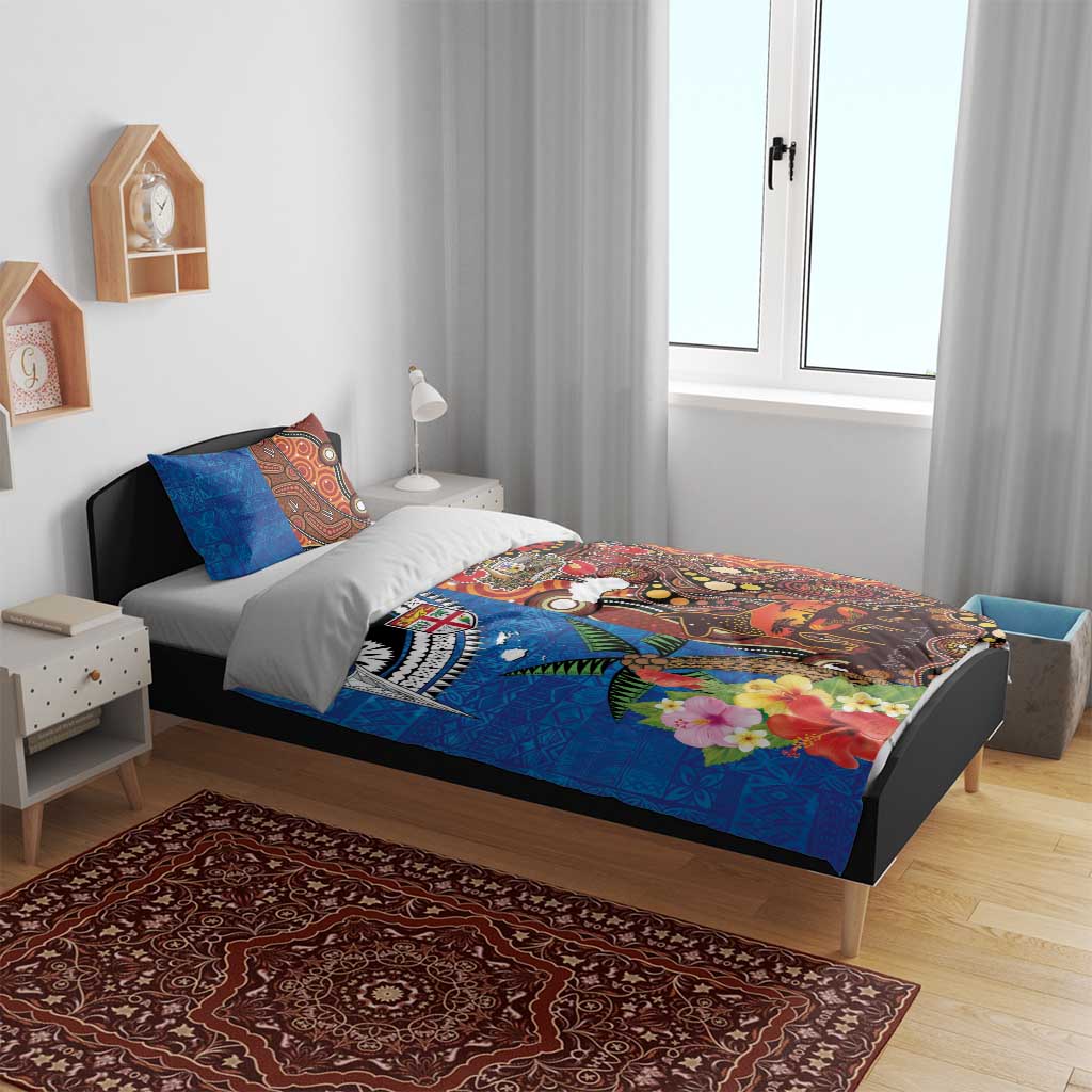 Fiji and Australia Together Bedding Set Fijian Tapa Plants with Kangaroo and Aboriginal - Polynesian Pride