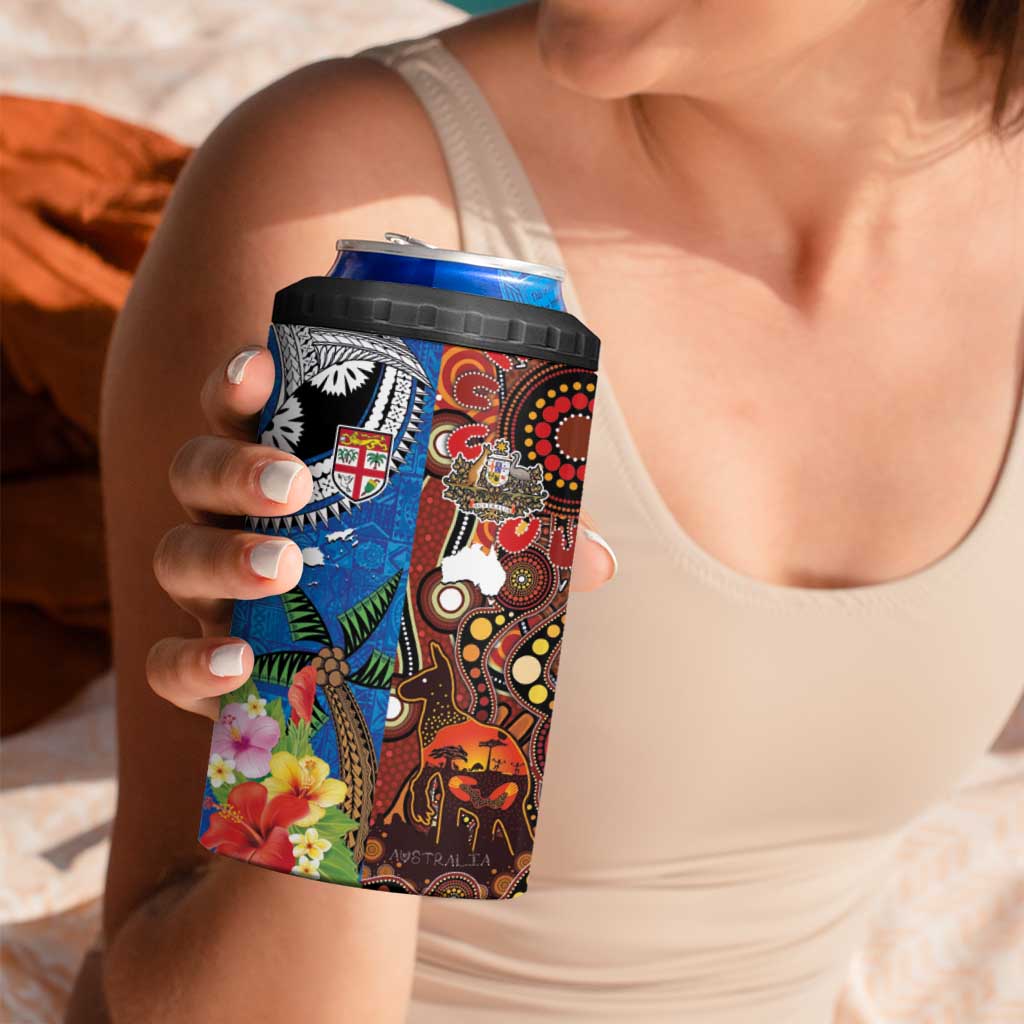 Fiji and Australia Together 4 in 1 Can Cooler Tumbler Fijian Tapa Plants with Kangaroo and Aboriginal LT03 - Polynesian Pride