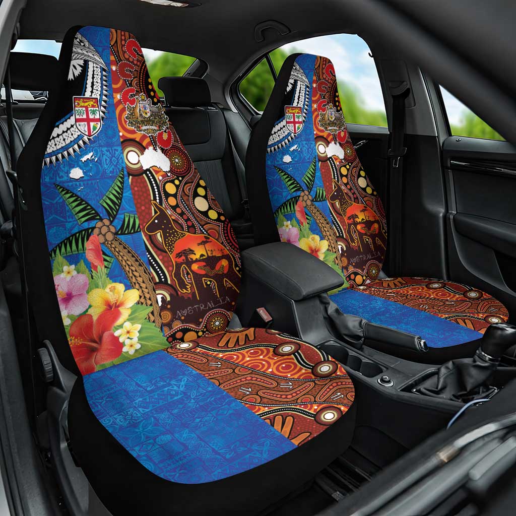 Fiji and Australia Together Car Seat Cover Fijian Tapa Plants with Kangaroo and Aboriginal LT03 One Size Black - Polynesian Pride