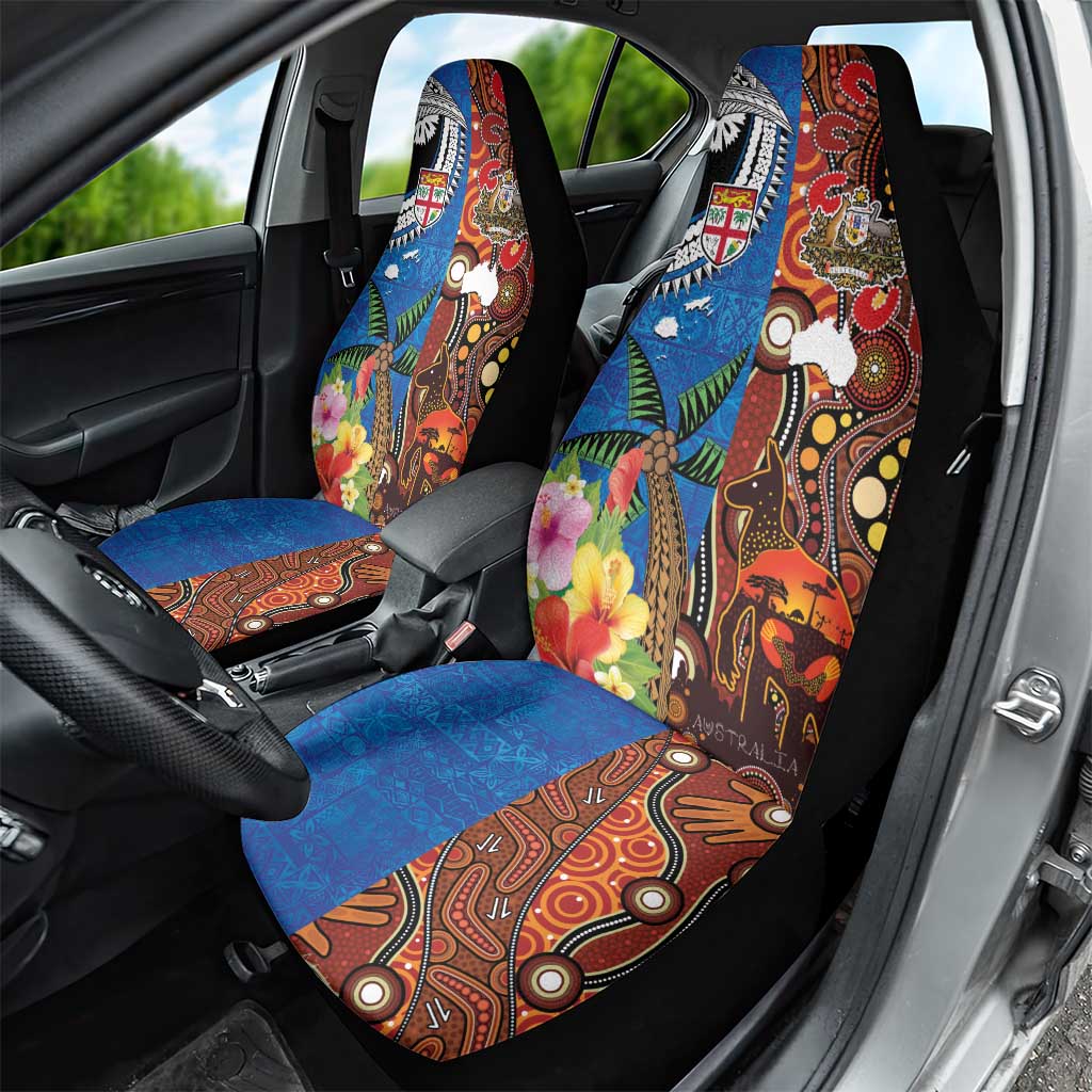 Fiji and Australia Together Car Seat Cover Fijian Tapa Plants with Kangaroo and Aboriginal LT03 - Polynesian Pride