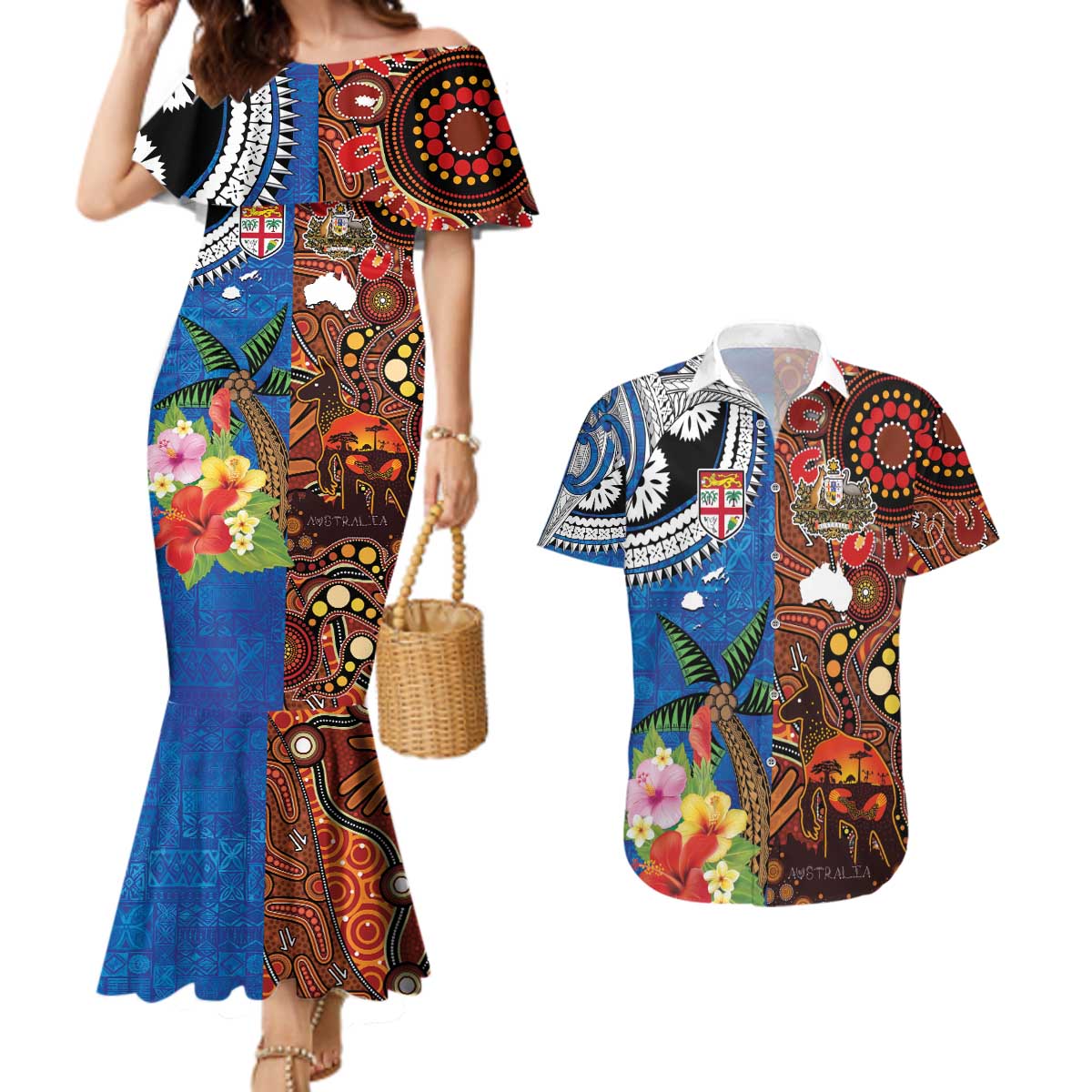 Fiji and Australia Together Couples Matching Mermaid Dress and Hawaiian Shirt Fijian Tapa Plants with Kangaroo and Aboriginal LT03 Black - Polynesian Pride