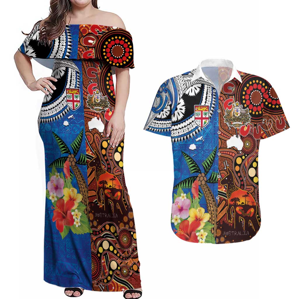 Fiji and Australia Together Couples Matching Off Shoulder Maxi Dress and Hawaiian Shirt Fijian Tapa Plants with Kangaroo and Aboriginal LT03 Black - Polynesian Pride