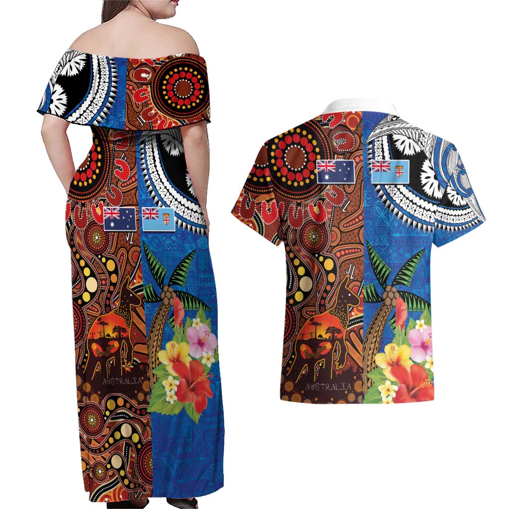 Fiji and Australia Together Couples Matching Off Shoulder Maxi Dress and Hawaiian Shirt Fijian Tapa Plants with Kangaroo and Aboriginal LT03 - Polynesian Pride