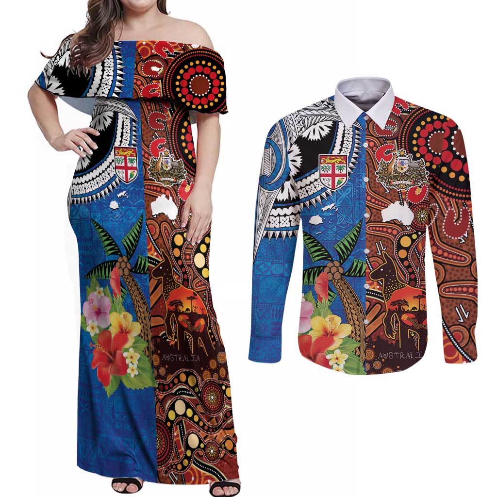 Fiji and Australia Together Couples Matching Off Shoulder Maxi Dress and Long Sleeve Button Shirt Fijian Tapa Plants with Kangaroo and Aboriginal LT03 Black - Polynesian Pride