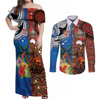Fiji and Australia Together Couples Matching Off Shoulder Maxi Dress and Long Sleeve Button Shirt Fijian Tapa Plants with Kangaroo and Aboriginal LT03 Black - Polynesian Pride