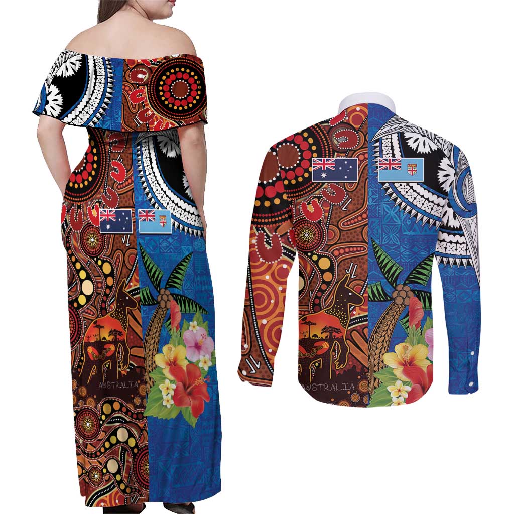 Fiji and Australia Together Couples Matching Off Shoulder Maxi Dress and Long Sleeve Button Shirt Fijian Tapa Plants with Kangaroo and Aboriginal LT03 - Polynesian Pride