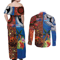 Fiji and Australia Together Couples Matching Off Shoulder Maxi Dress and Long Sleeve Button Shirt Fijian Tapa Plants with Kangaroo and Aboriginal LT03 - Polynesian Pride