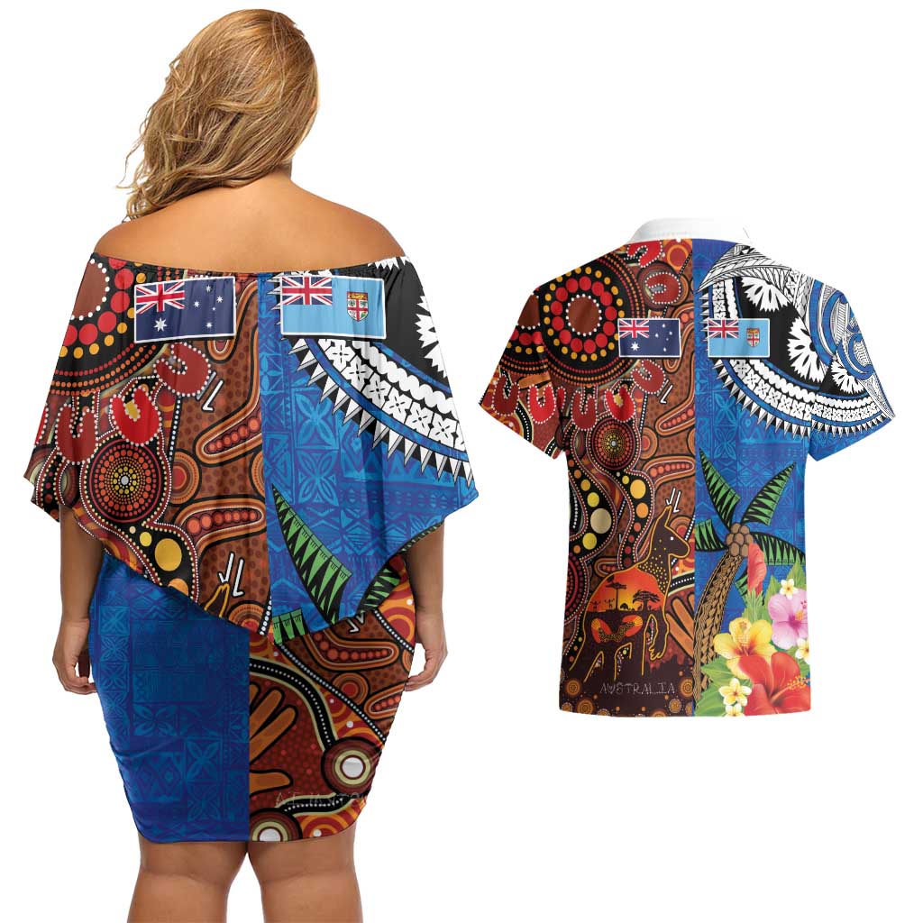 Fiji and Australia Together Couples Matching Off Shoulder Short Dress and Hawaiian Shirt Fijian Tapa Plants with Kangaroo and Aboriginal LT03 - Polynesian Pride