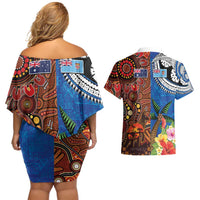Fiji and Australia Together Couples Matching Off Shoulder Short Dress and Hawaiian Shirt Fijian Tapa Plants with Kangaroo and Aboriginal LT03 - Polynesian Pride