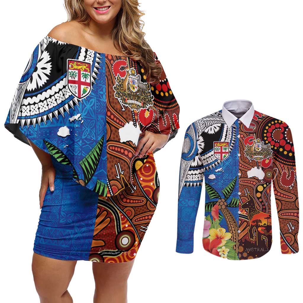Fiji and Australia Together Couples Matching Off Shoulder Short Dress and Long Sleeve Button Shirt Fijian Tapa Plants with Kangaroo and Aboriginal LT03 Black - Polynesian Pride