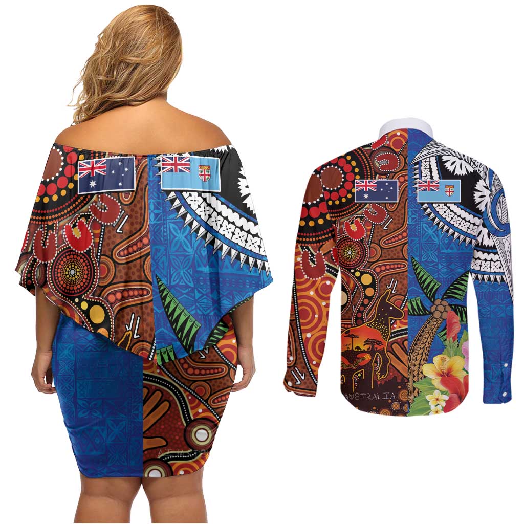 Fiji and Australia Together Couples Matching Off Shoulder Short Dress and Long Sleeve Button Shirt Fijian Tapa Plants with Kangaroo and Aboriginal LT03 - Polynesian Pride