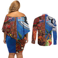 Fiji and Australia Together Couples Matching Off Shoulder Short Dress and Long Sleeve Button Shirt Fijian Tapa Plants with Kangaroo and Aboriginal LT03 - Polynesian Pride