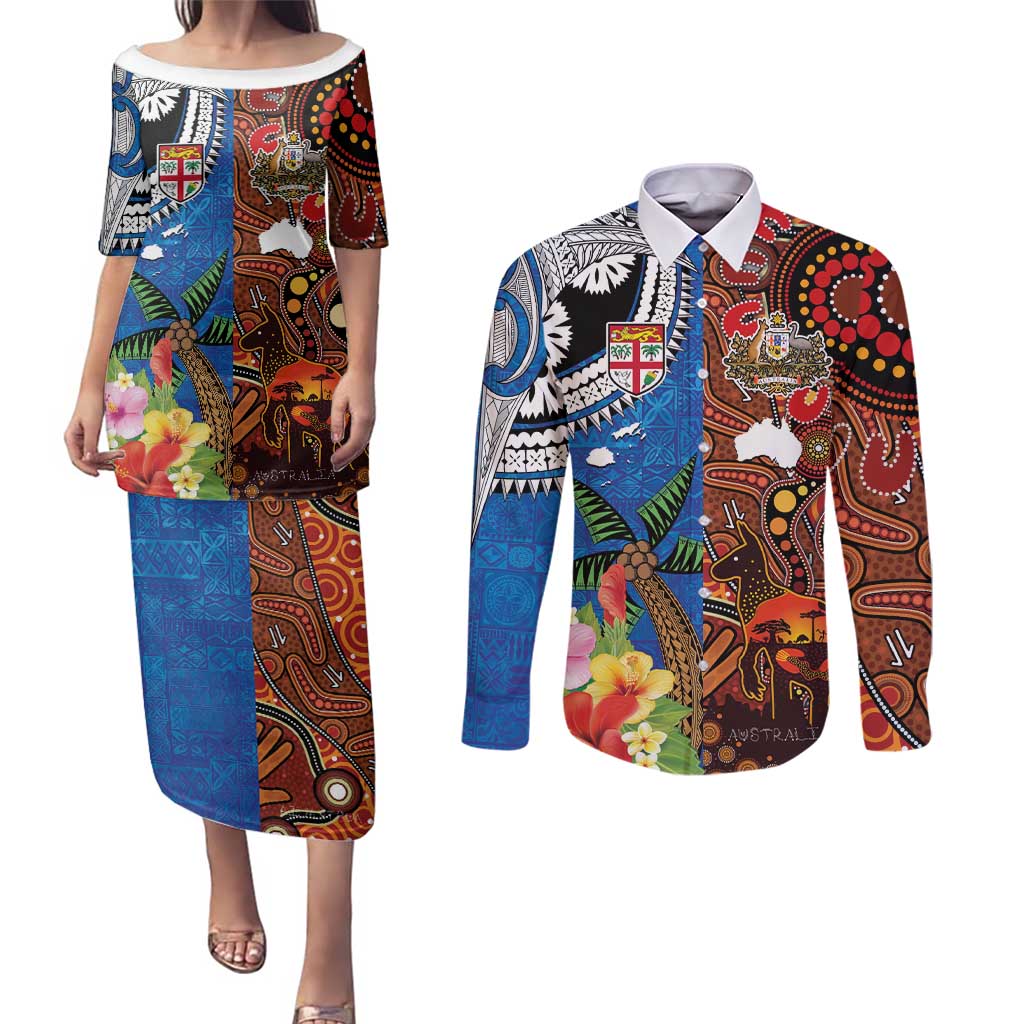 Fiji and Australia Together Couples Matching Puletasi and Long Sleeve Button Shirt Fijian Tapa Plants with Kangaroo and Aboriginal LT03 Black - Polynesian Pride