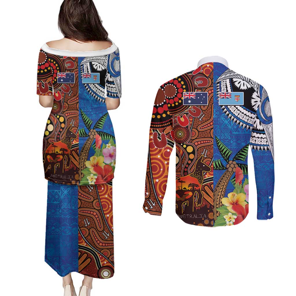 Fiji and Australia Together Couples Matching Puletasi and Long Sleeve Button Shirt Fijian Tapa Plants with Kangaroo and Aboriginal LT03 - Polynesian Pride