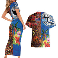 Fiji and Australia Together Couples Matching Short Sleeve Bodycon Dress and Hawaiian Shirt Fijian Tapa Plants with Kangaroo and Aboriginal LT03 - Polynesian Pride