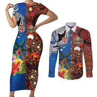 Fiji and Australia Together Couples Matching Short Sleeve Bodycon Dress and Long Sleeve Button Shirt Fijian Tapa Plants with Kangaroo and Aboriginal LT03 Black - Polynesian Pride