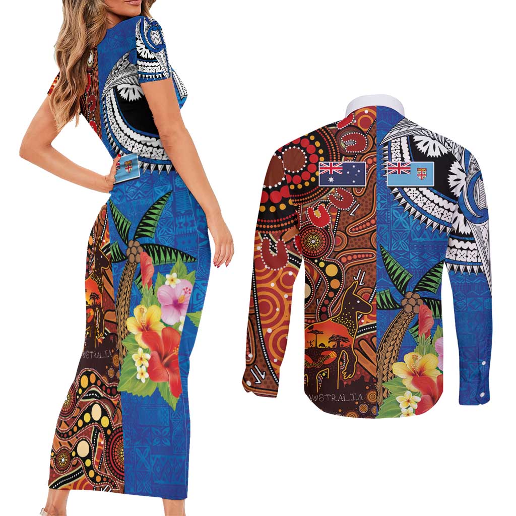 Fiji and Australia Together Couples Matching Short Sleeve Bodycon Dress and Long Sleeve Button Shirt Fijian Tapa Plants with Kangaroo and Aboriginal LT03 - Polynesian Pride