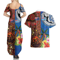 Fiji and Australia Together Couples Matching Summer Maxi Dress and Hawaiian Shirt Fijian Tapa Plants with Kangaroo and Aboriginal LT03 - Polynesian Pride