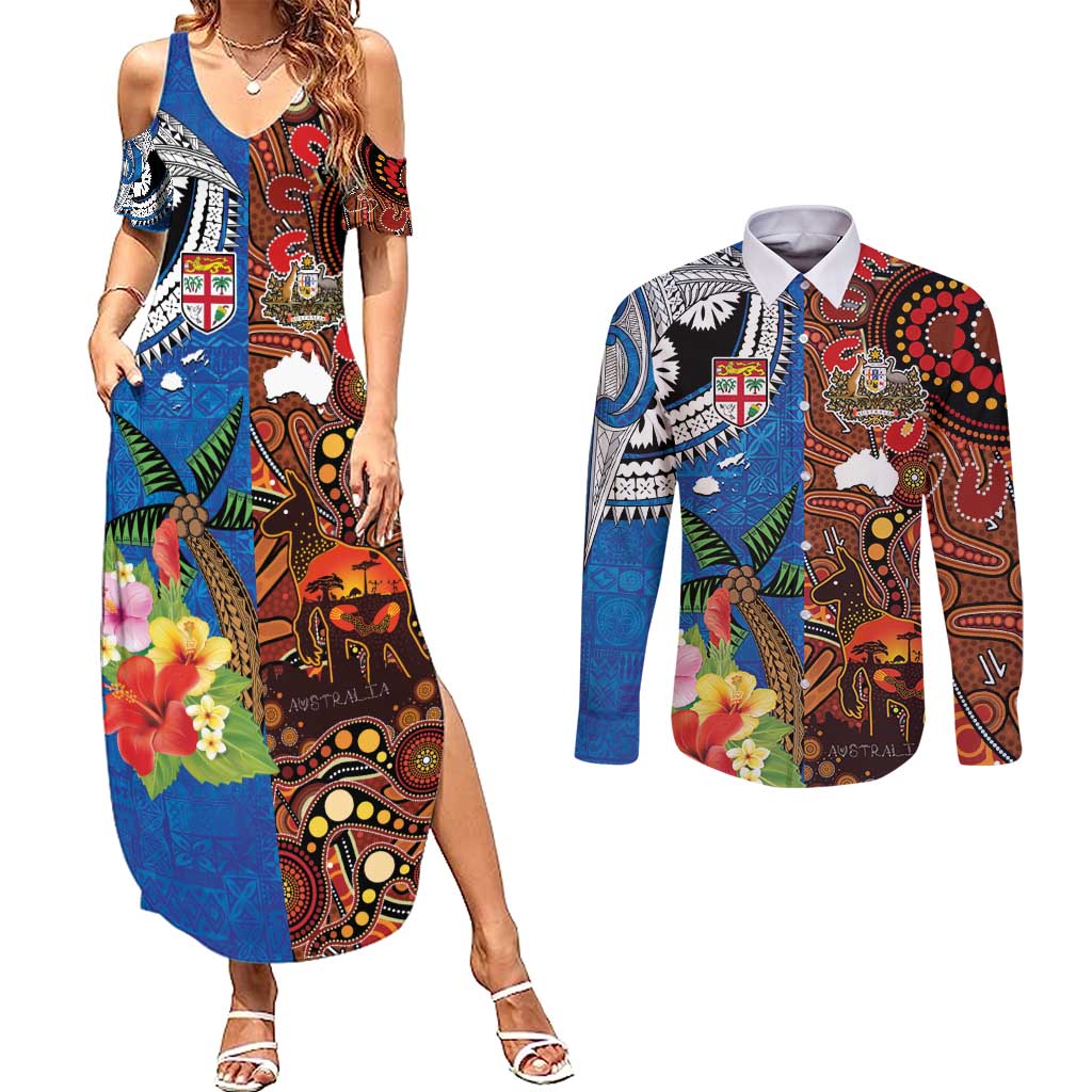 Fiji and Australia Together Couples Matching Summer Maxi Dress and Long Sleeve Button Shirt Fijian Tapa Plants with Kangaroo and Aboriginal LT03 Black - Polynesian Pride