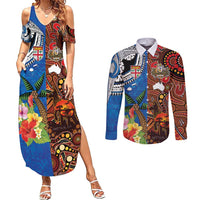 Fiji and Australia Together Couples Matching Summer Maxi Dress and Long Sleeve Button Shirt Fijian Tapa Plants with Kangaroo and Aboriginal LT03 Black - Polynesian Pride