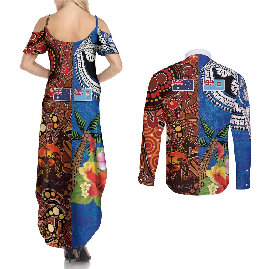 Fiji and Australia Together Couples Matching Summer Maxi Dress and Long Sleeve Button Shirt Fijian Tapa Plants with Kangaroo and Aboriginal LT03 - Polynesian Pride