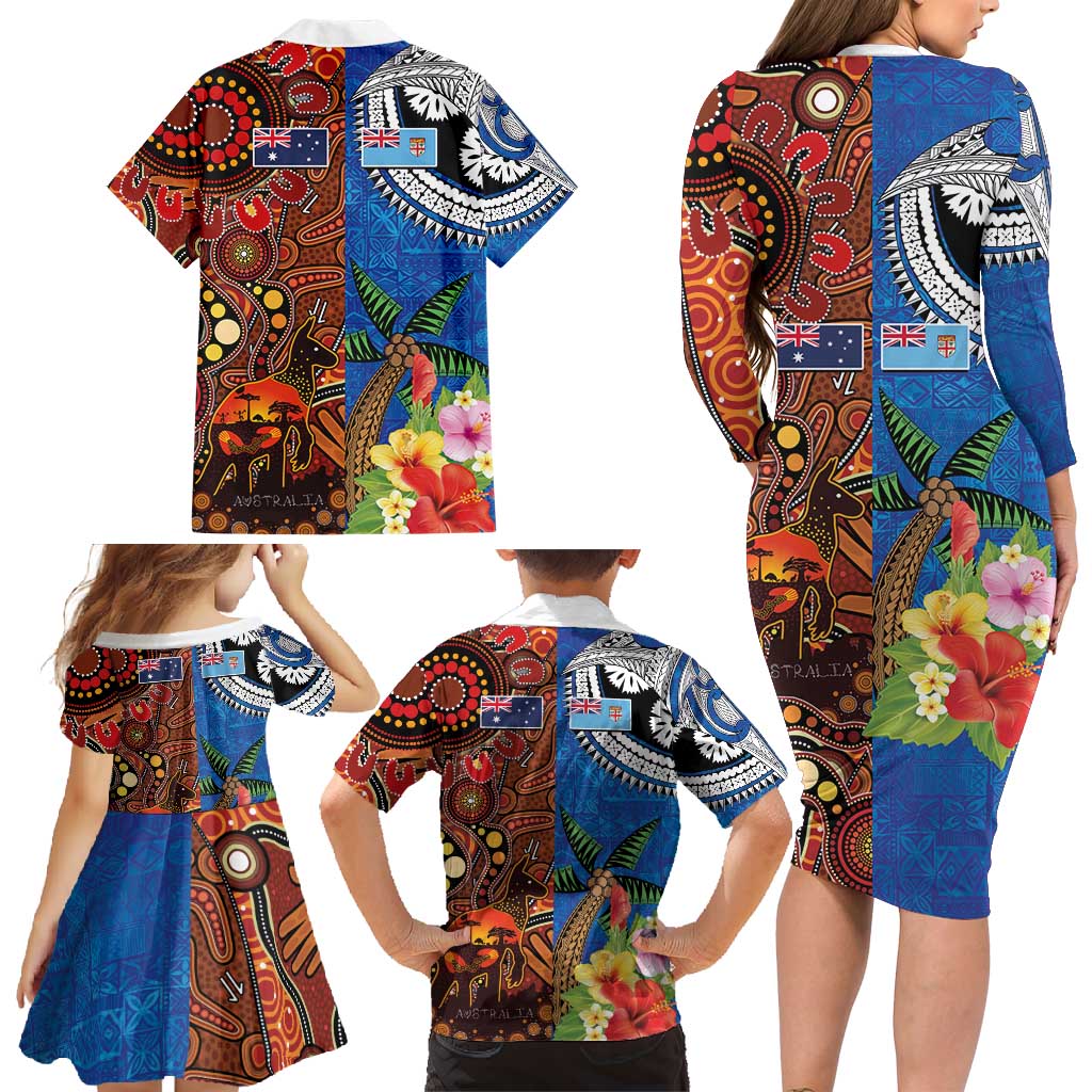 Fiji and Australia Together Family Matching Long Sleeve Bodycon Dress and Hawaiian Shirt Fijian Tapa Plants with Kangaroo and Aboriginal LT03 - Polynesian Pride