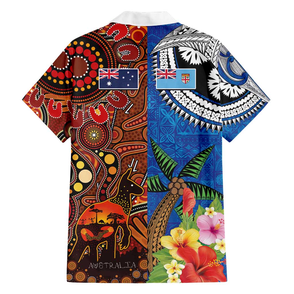 Fiji and Australia Together Family Matching Long Sleeve Bodycon Dress and Hawaiian Shirt Fijian Tapa Plants with Kangaroo and Aboriginal LT03 - Polynesian Pride