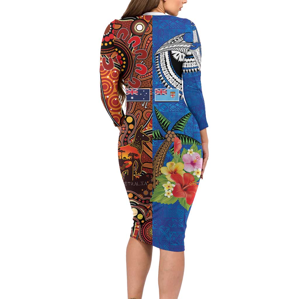 Fiji and Australia Together Family Matching Long Sleeve Bodycon Dress and Hawaiian Shirt Fijian Tapa Plants with Kangaroo and Aboriginal LT03 - Polynesian Pride